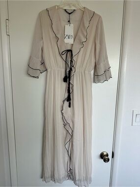 ZARA Sheer Cream Ruffle Maxi Dress with Black Trim